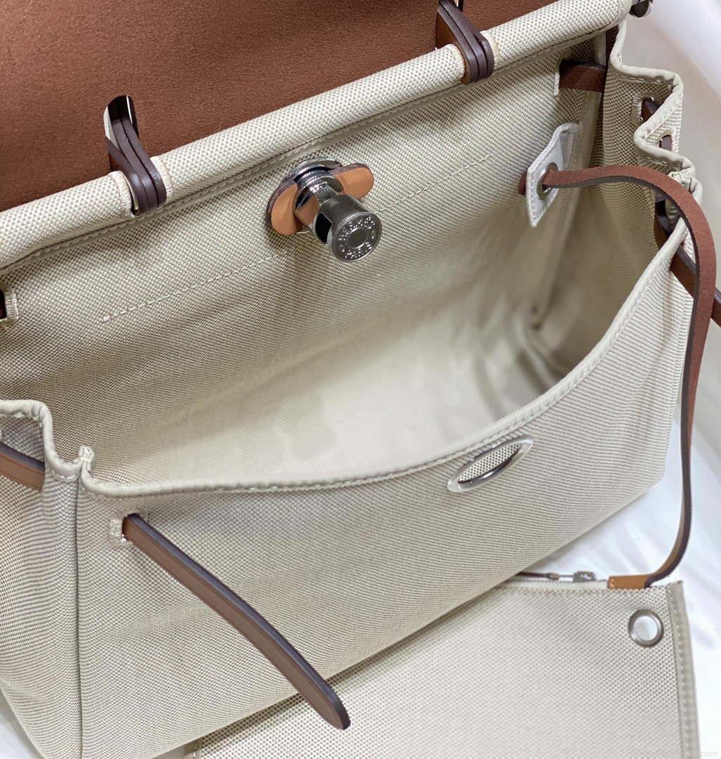 Hermes H084076CKAD Herbag Zip 31 Bag in Brown Hunter Leather and Canvas H60050