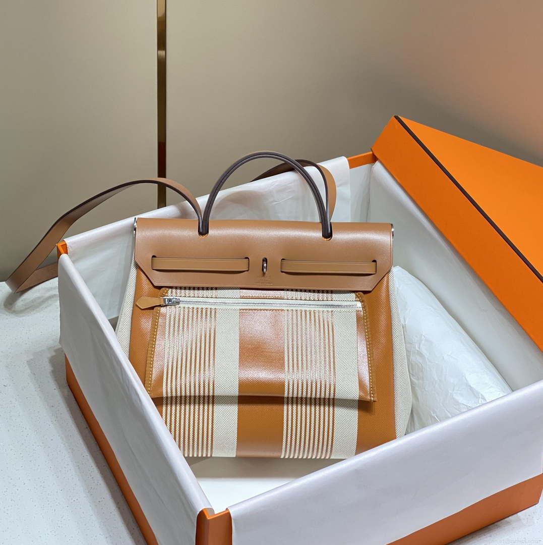 Hermes H084076CKAD Herbag Zip 31 Bag in Brown Hunter Leather and Canvas H60051
