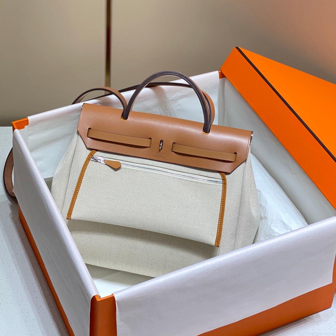 Hermes H084076CKAD Herbag Zip 31 Bag in Brown Hunter Leather and Canvas H60052