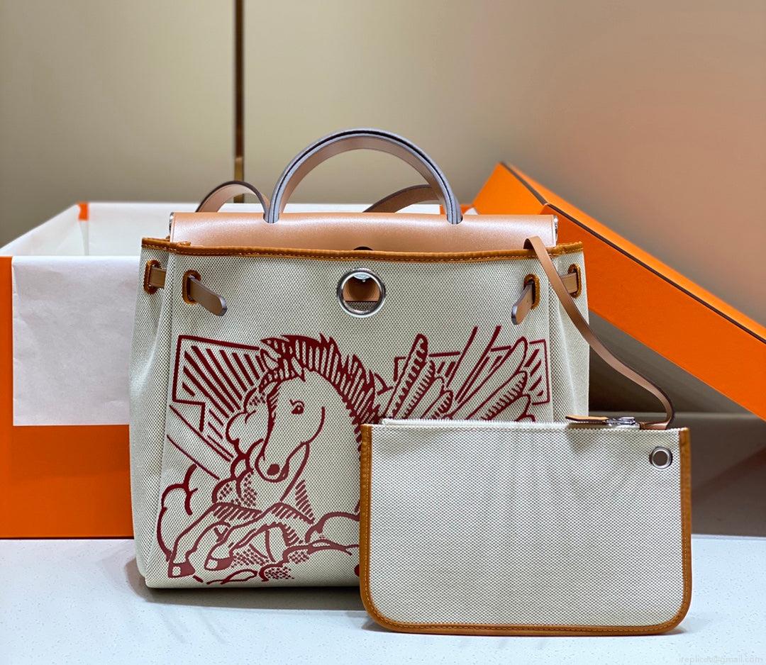 Hermes H084076CKAD Herbag Zip 31 Bag in Brown Hunter Leather and Canvas H60052