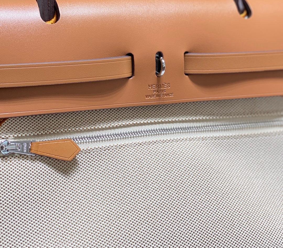 Hermes H084076CKAD Herbag Zip 31 Bag in Brown Hunter Leather and Canvas H60052