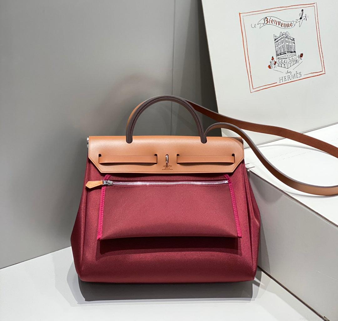 Hermes H084076CKAD Herbag Zip 31 Bag in Brown Hunter Leather and Canvas H60054