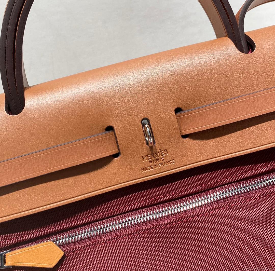 Hermes H084076CKAD Herbag Zip 31 Bag in Brown Hunter Leather and Canvas H60054