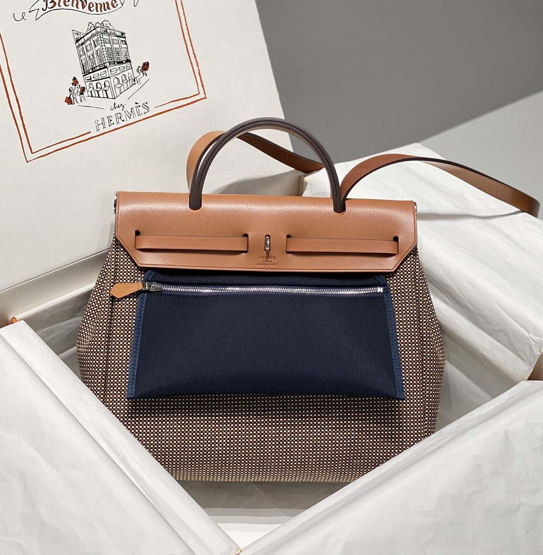 Hermes H084076CKAD Herbag Zip 31 Bag in Brown Hunter Leather and Canvas H60055