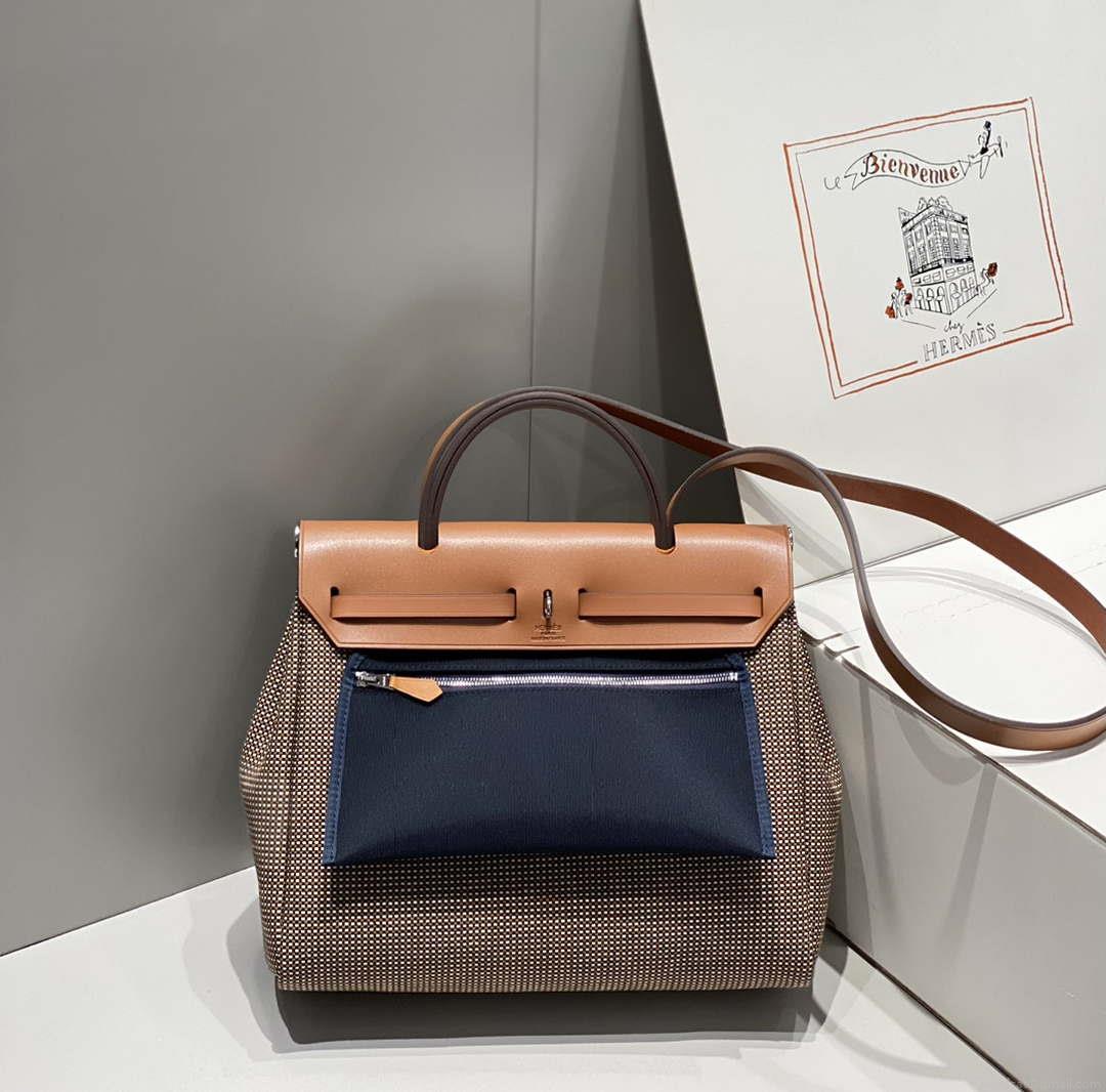 Hermes H084076CKAD Herbag Zip 31 Bag in Brown Hunter Leather and Canvas H60055