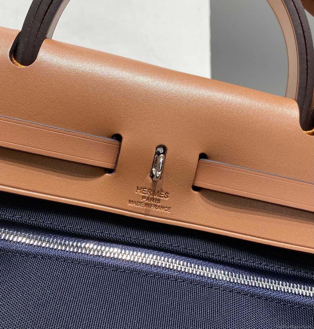 Hermes H084076CKAD Herbag Zip 31 Bag in Brown Hunter Leather and Canvas H60055