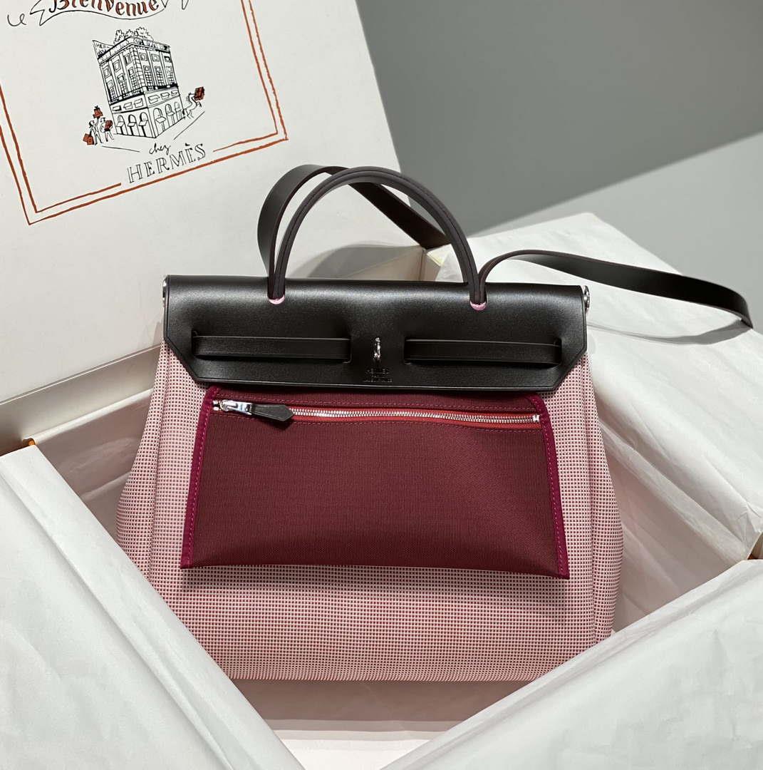 Hermes H084076CKAD Herbag Zip 31 Bag in Black Hunter Leather and Canvas H60056