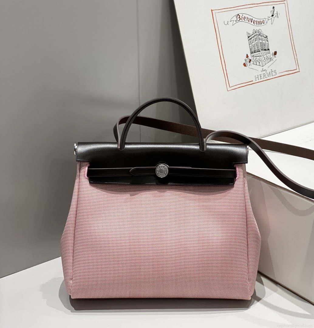 Hermes H084076CKAD Herbag Zip 31 Bag in Black Hunter Leather and Canvas H60056
