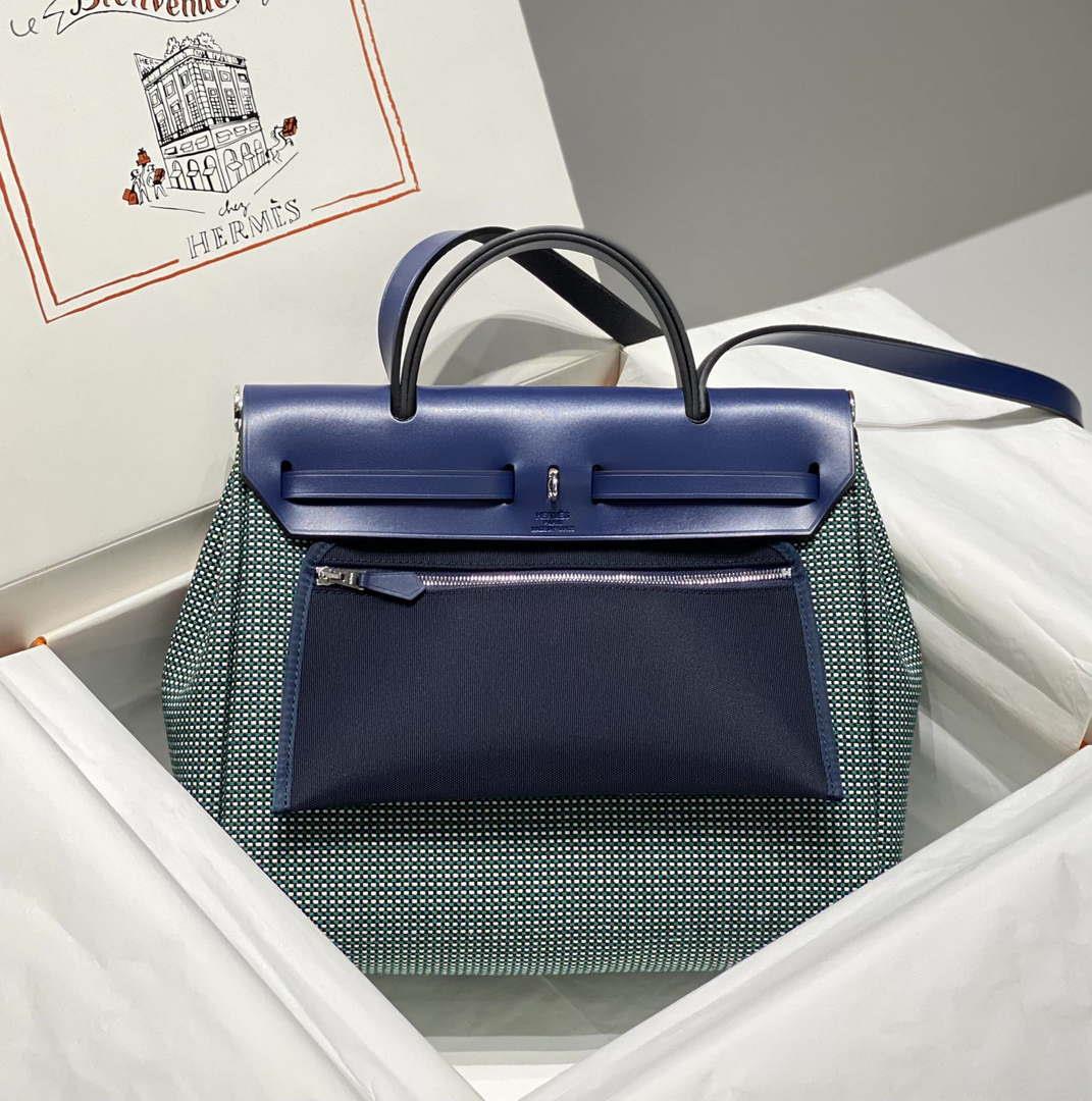 Hermes H084076CKAD Herbag Zip 31 Bag in Black Hunter Leather and Canvas H60057