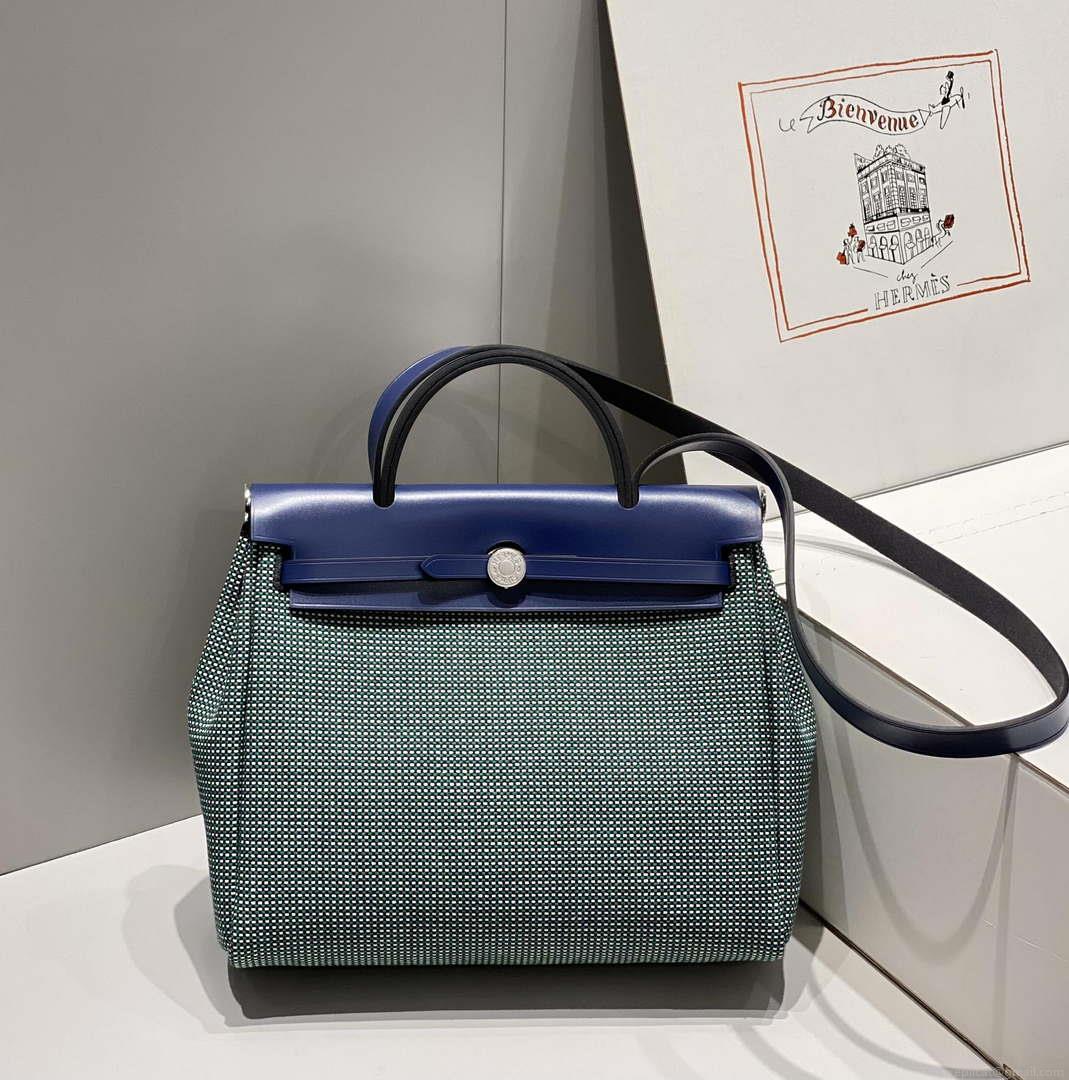 Hermes H084076CKAD Herbag Zip 31 Bag in Black Hunter Leather and Canvas H60057