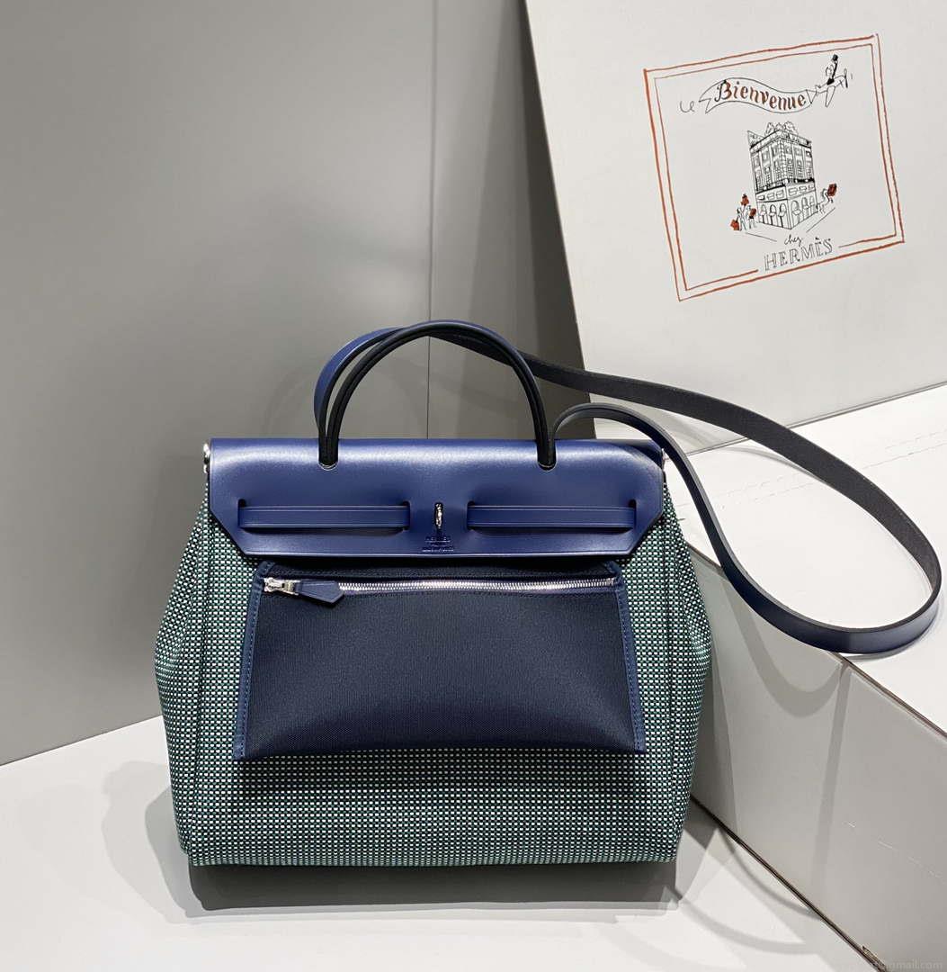 Hermes H084076CKAD Herbag Zip 31 Bag in Black Hunter Leather and Canvas H60057