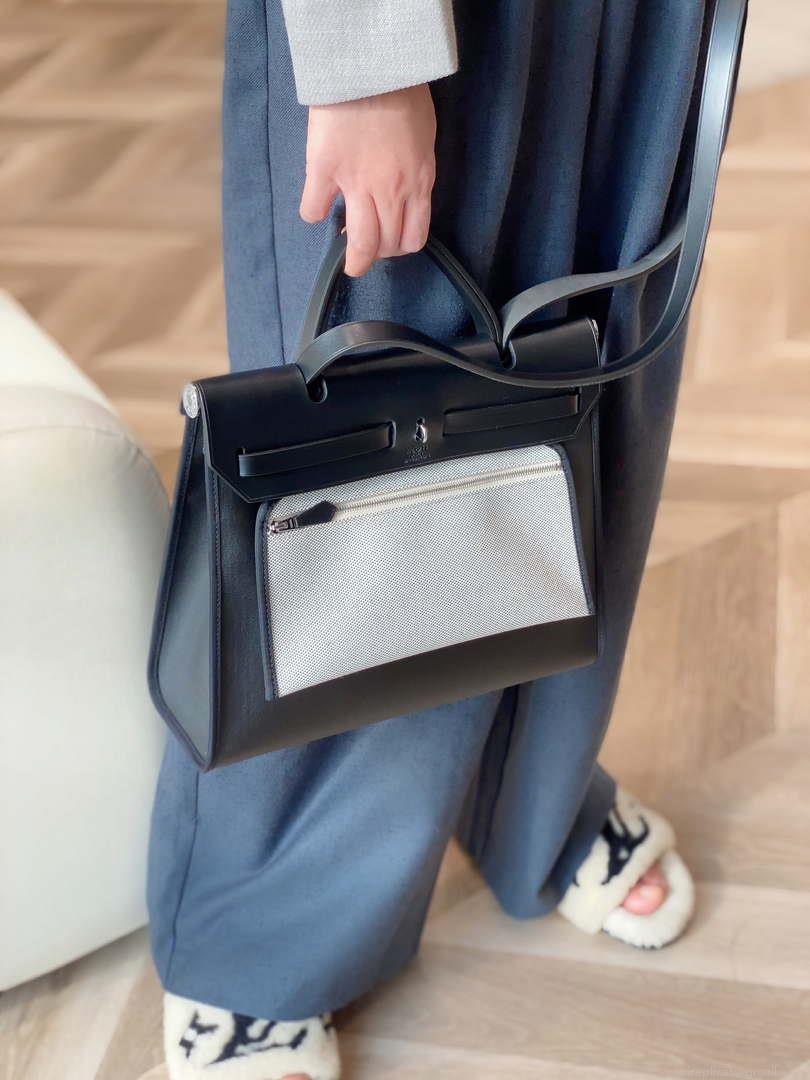 Hermes H084076CKAD Herbag Zip 31 Bag in Black Hunter Leather and Canvas H60058