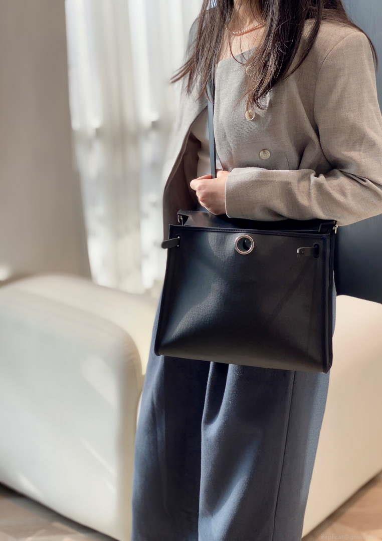 Hermes H084076CKAD Herbag Zip 31 Bag in Black Hunter Leather and Canvas H60058