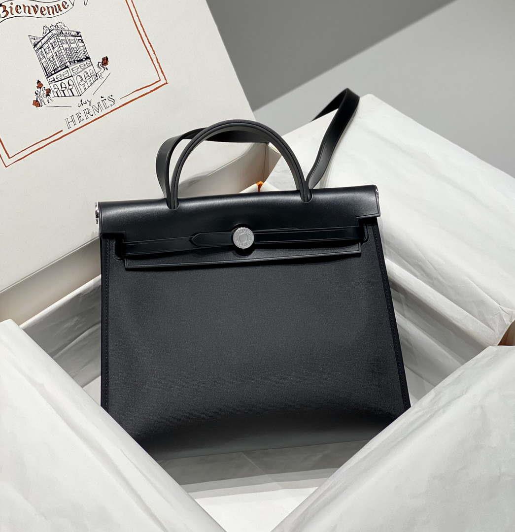 Hermes H084076CKAD Herbag Zip 31 Bag in Black Hunter Leather and Canvas H60058