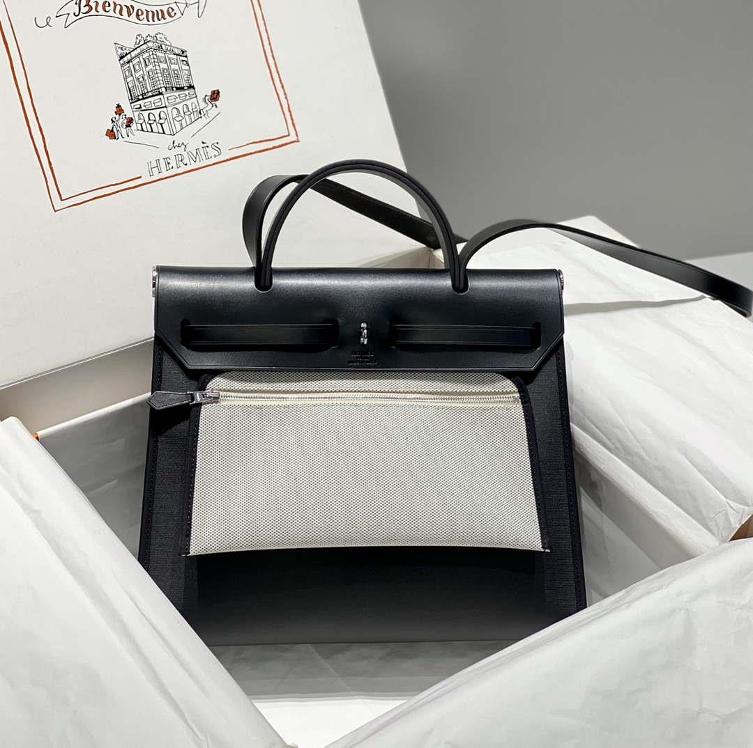 Hermes H084076CKAD Herbag Zip 31 Bag in Black Hunter Leather and Canvas H60058