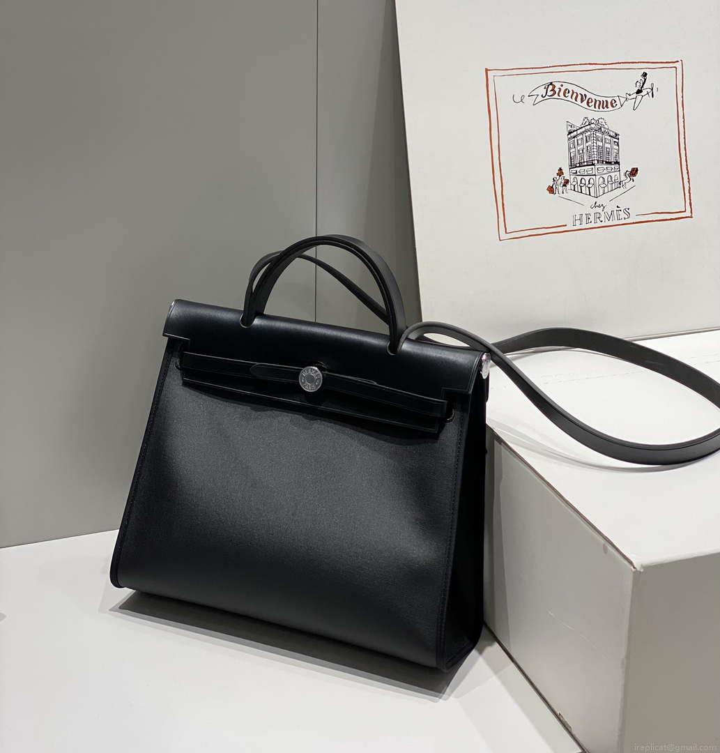 Hermes H084076CKAD Herbag Zip 31 Bag in Black Hunter Leather and Canvas H60058
