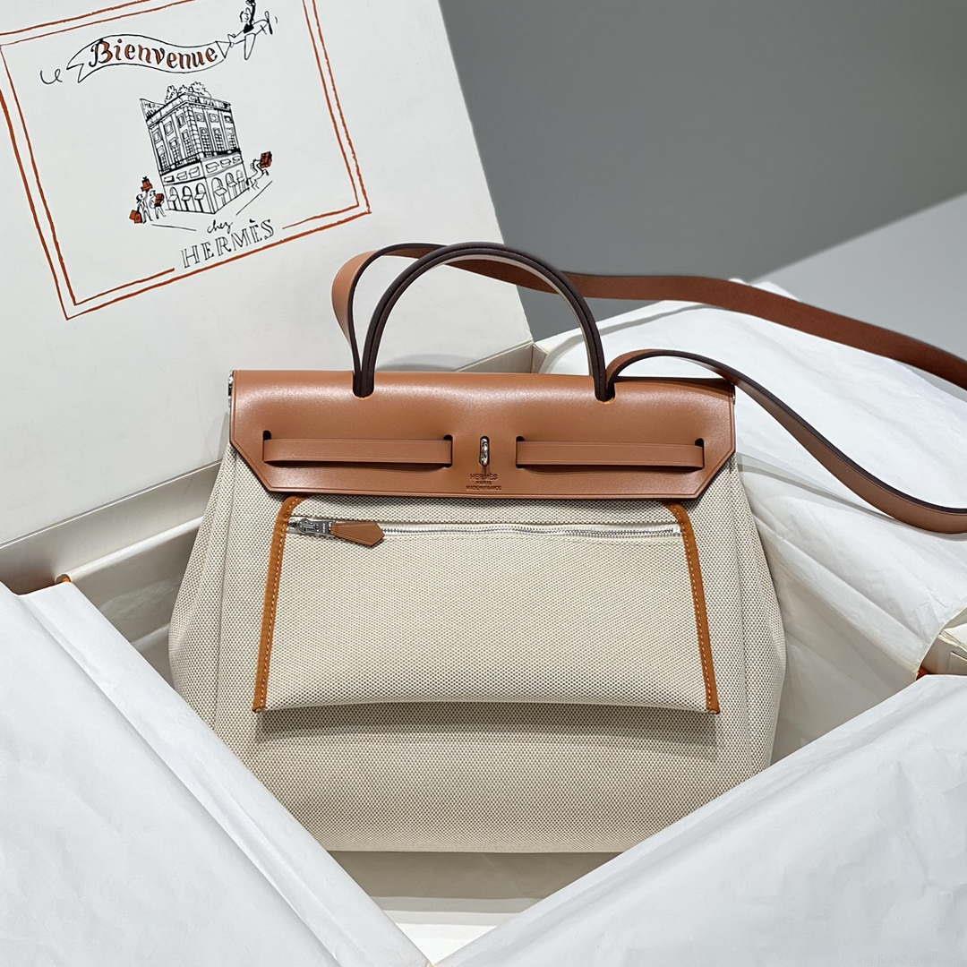 Hermes H084076CKAD Herbag Zip 31 Bag in Brown Hunter Leather and Canvas H60061