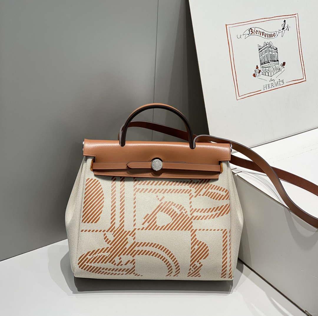 Hermes H084076CKAD Herbag Zip 31 Bag in Brown Hunter Leather and Canvas H60061