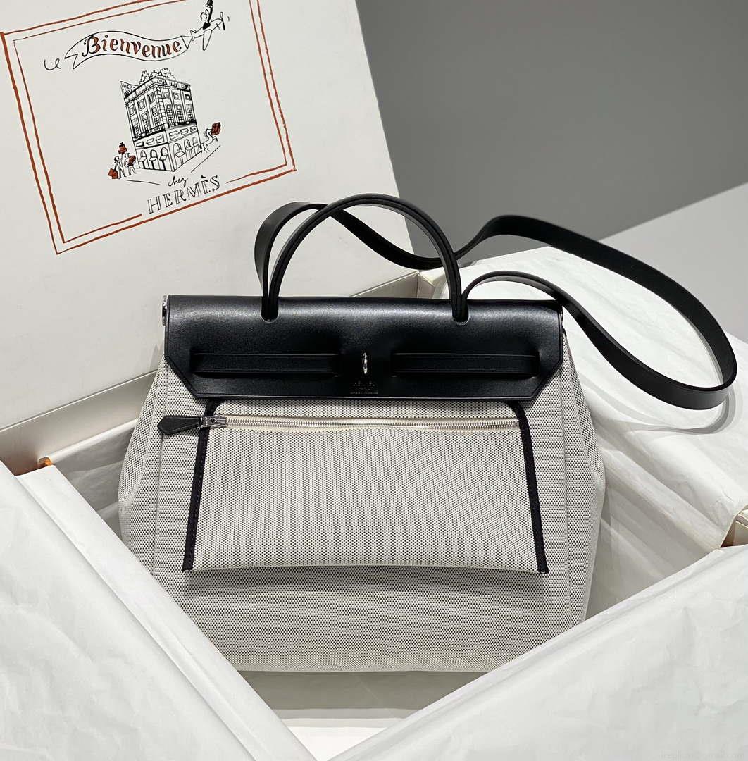 Hermes H084076CKAD Herbag Zip 31 Bag in Black Hunter Leather and Canvas H60062
