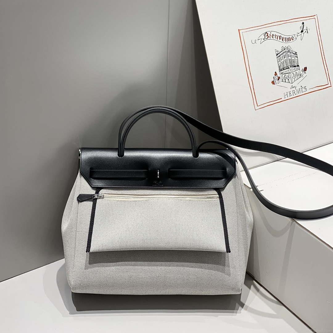 Hermes H084076CKAD Herbag Zip 31 Bag in Black Hunter Leather and Canvas H60062