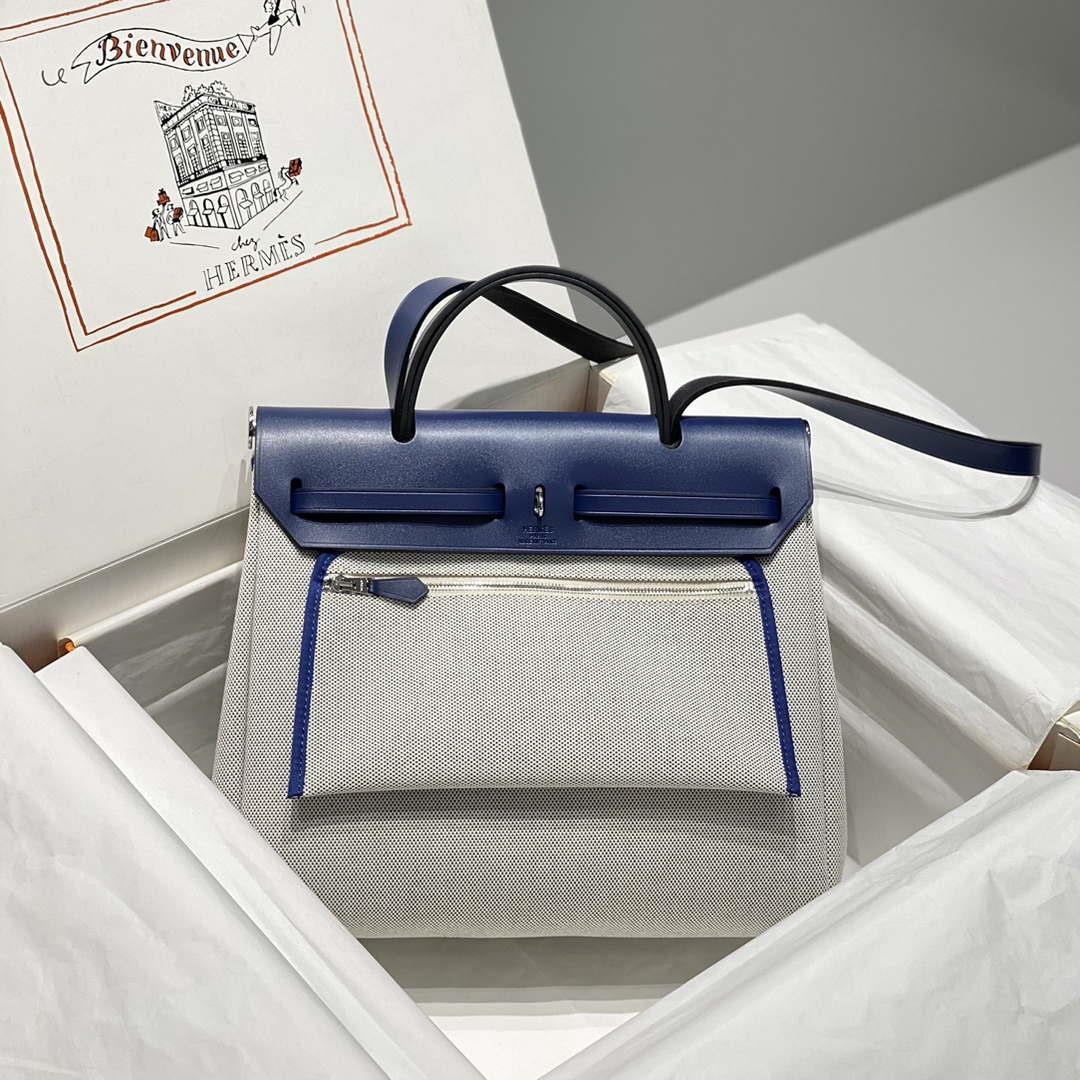 Hermes H084076CKAD Herbag Zip 31 Bag in Blue Hunter Leather and Canvas H60063