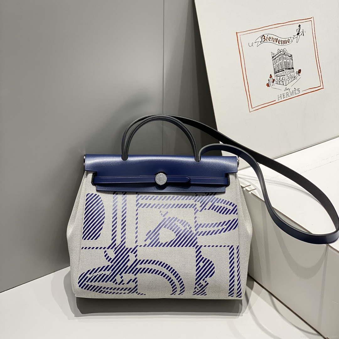 Hermes H084076CKAD Herbag Zip 31 Bag in Blue Hunter Leather and Canvas H60063