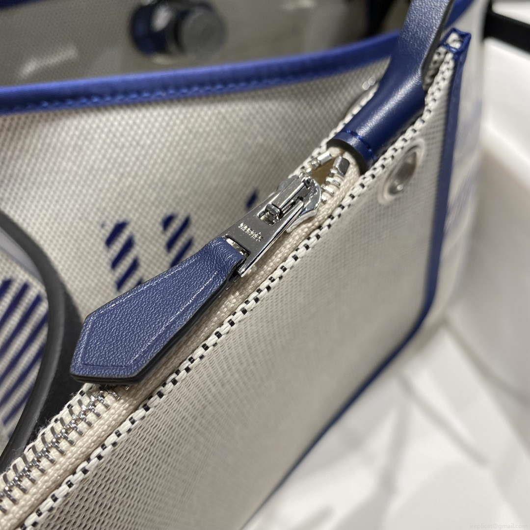 Hermes H084076CKAD Herbag Zip 31 Bag in Blue Hunter Leather and Canvas H60063