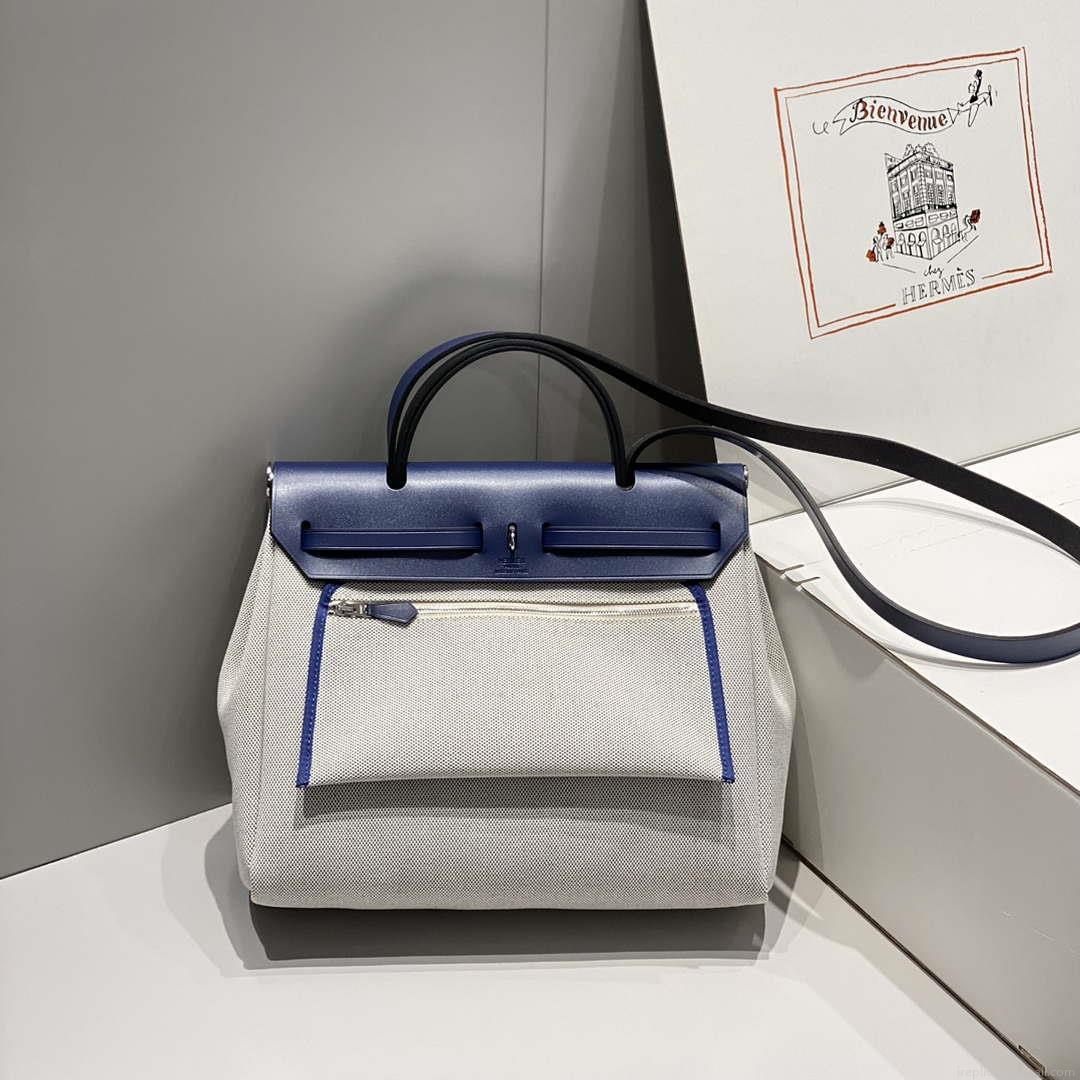 Hermes H084076CKAD Herbag Zip 31 Bag in Blue Hunter Leather and Canvas H60063