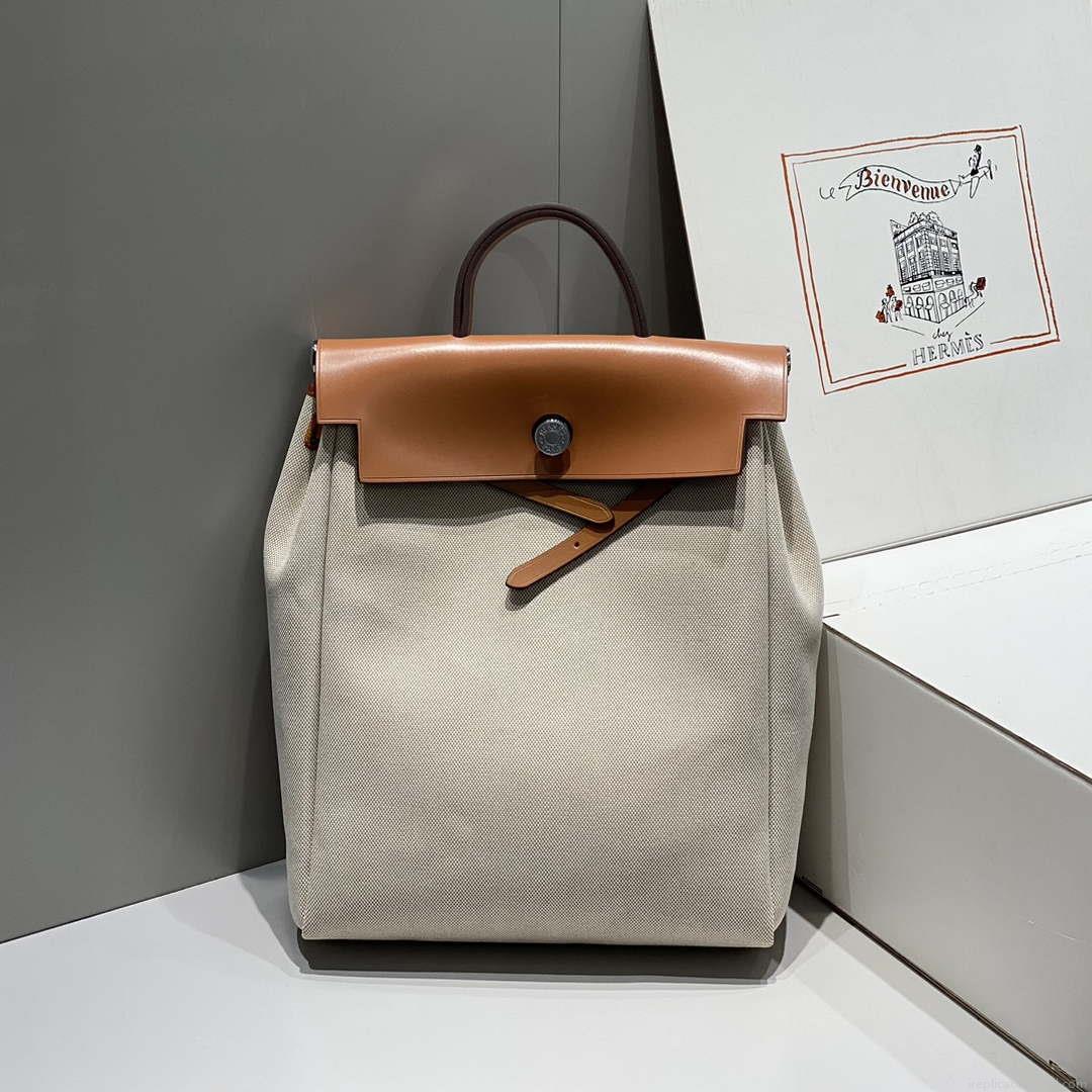 Hermes H084076CKAD A Dos Zip Retourne Herbag Backpack Toile Vache Hunter Ebene H60065