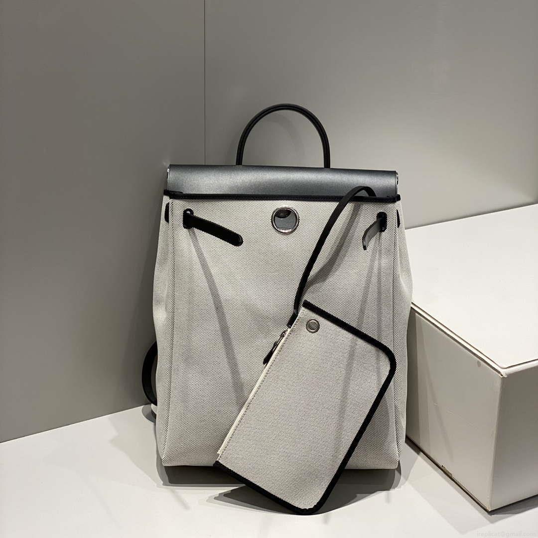 Hermes H084076CKAD A Dos Zip Retourne Herbag Backpack Toile Vache Hunter Ebene H60066