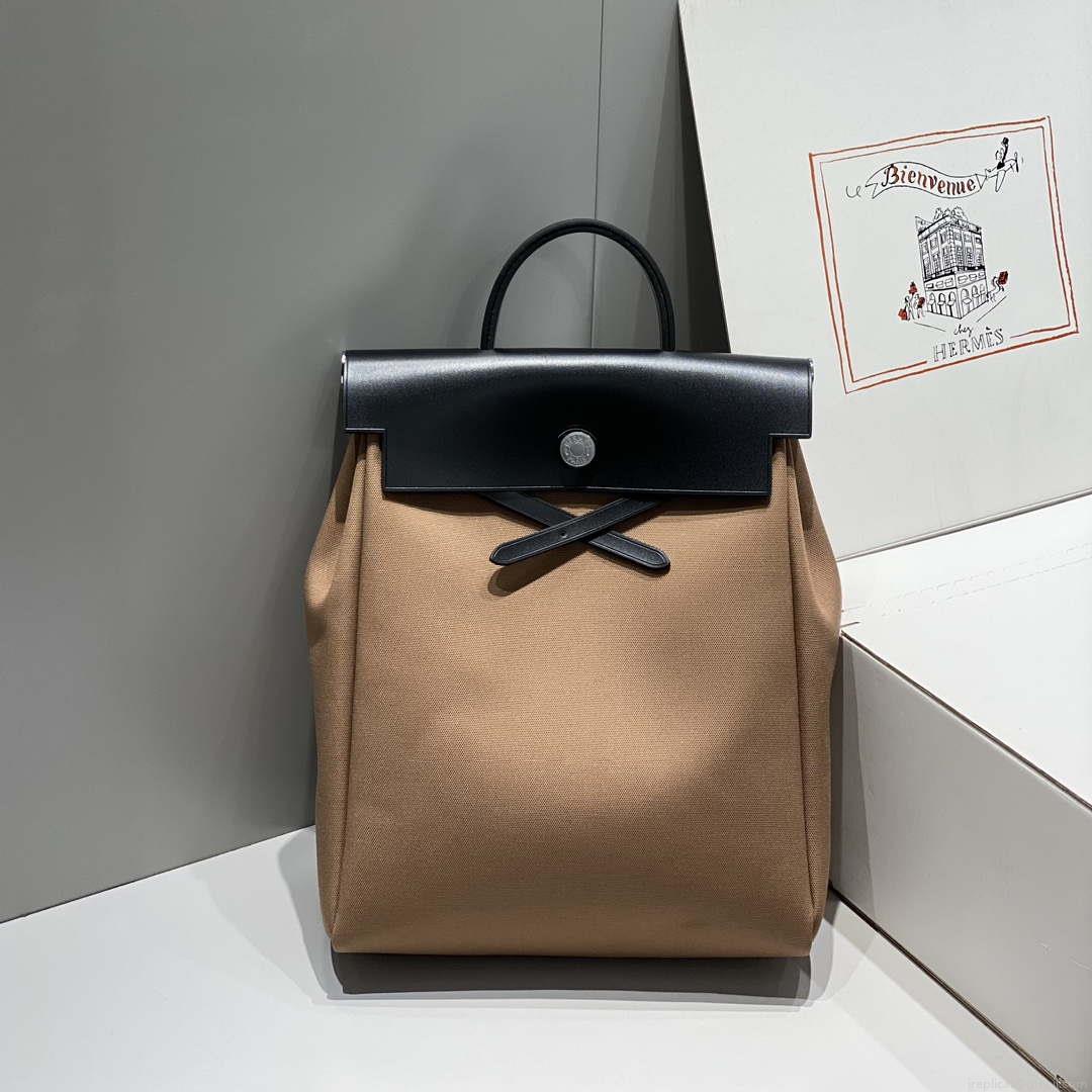Hermes H084076CKAD A Dos Zip Retourne Herbag Backpack Toile Vache Hunter Ebene H60067
