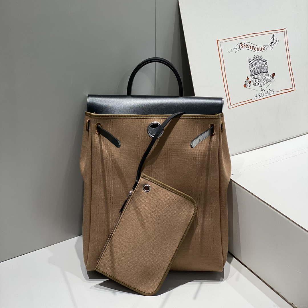 Hermes H084076CKAD A Dos Zip Retourne Herbag Backpack Toile Vache Hunter Ebene H60067