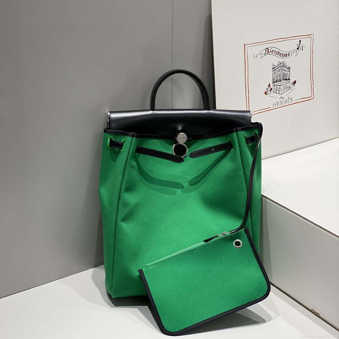 Hermes H084076CKAD A Dos Zip Retourne Herbag Backpack Toile Vache Hunter Ebene H60069