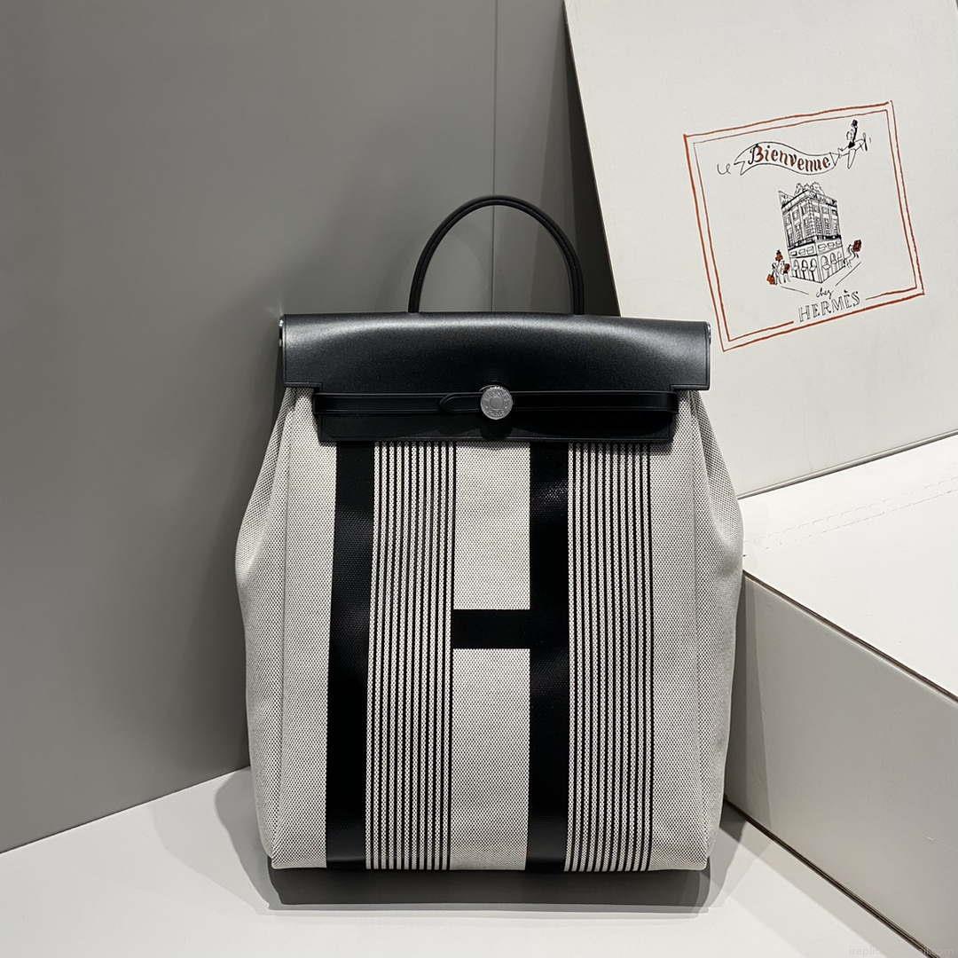 Hermes H084076CKAD A Dos Zip Retourne Herbag Backpack Toile Vache Hunter Ebene H60070