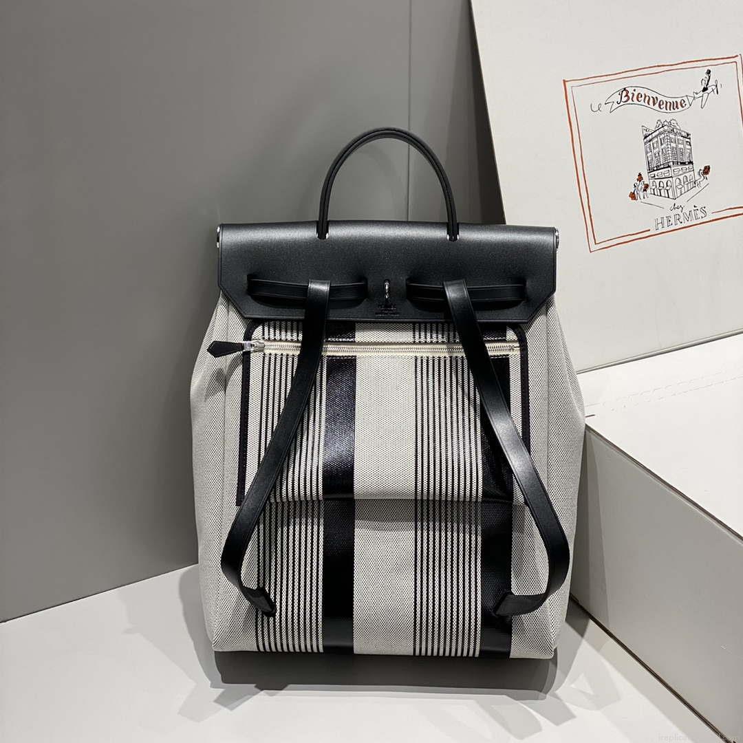 Hermes H084076CKAD A Dos Zip Retourne Herbag Backpack Toile Vache Hunter Ebene H60070
