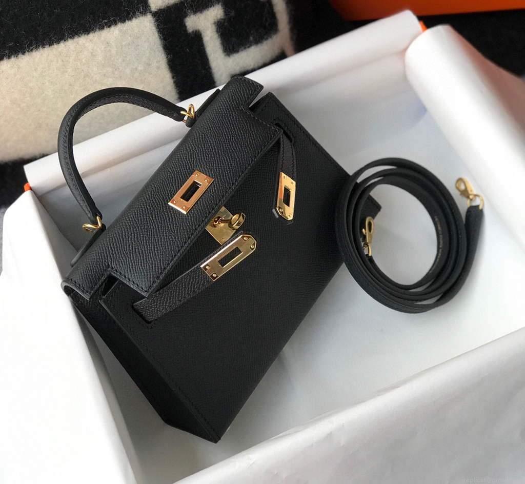 Hermes Kelly Bag Hermes 19CM Epsom Shoulder Mini Bag Black Gold buckle 20455