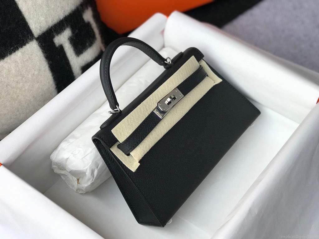 Hermes Kelly Bag Hermes 19CM Epsom Shoulder Mini Bag Black Silver buckle 20456