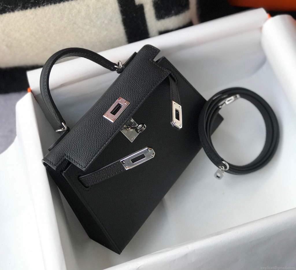 Hermes Kelly Bag Hermes 19CM Epsom Shoulder Mini Bag Black Silver buckle 20456