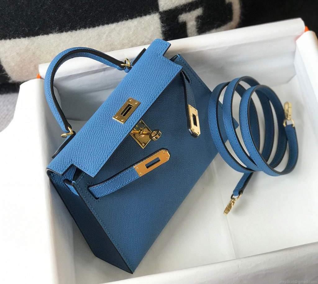Hermes Kelly Bag Hermes 19CM Epsom Shoulder Mini Bag Blue 20476