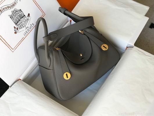 Hermes Lindy 26cm Designer Tote Shoulder Bags Gray Gold