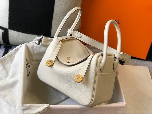 Hermes Lindy 26cm Designer Tote Shoulder Bags Wihte Gold