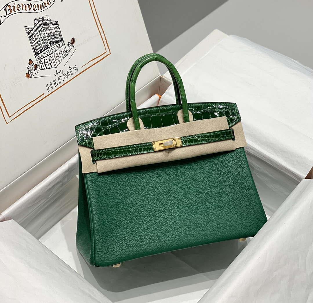 Hermes Birkin Tote Bag Togo Leather With High Gloss Nile Crocodile Emerald H28810