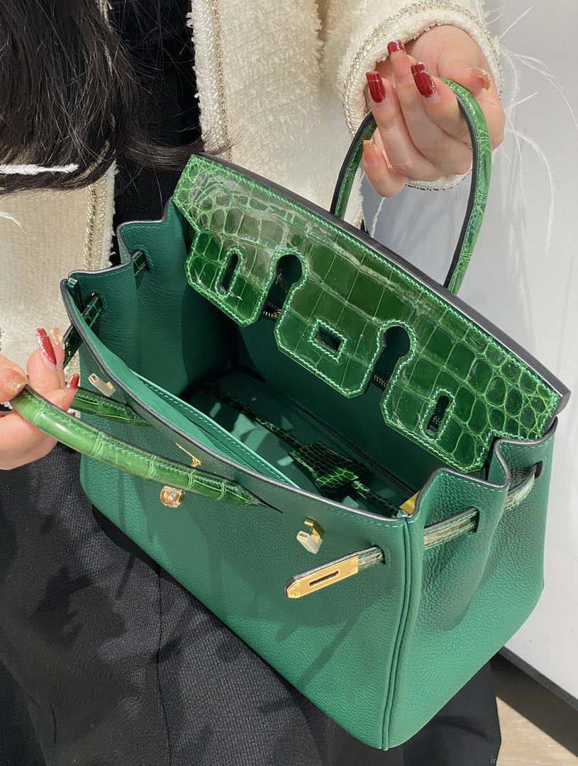 Hermes Birkin Tote Bag Togo Leather With High Gloss Nile Crocodile Emerald H28810