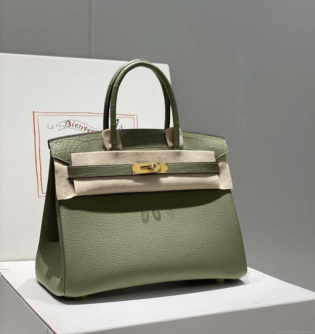 Hermes Birkin Tote Bag Togo Leather With High Gloss Nile Crocodile Emerald H28818