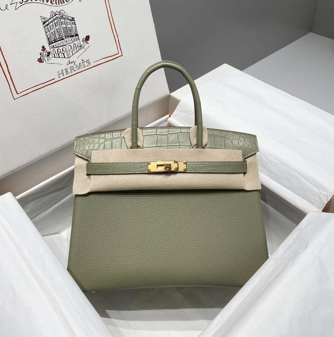 Hermes Birkin Tote Bag Togo Leather With High Gloss Nile Crocodile Emerald H28818