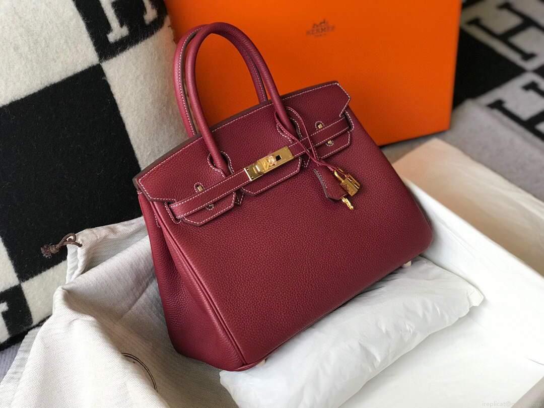 Hermes Birkin Designer Tote Bag Togo Leather 28343 Wine Red