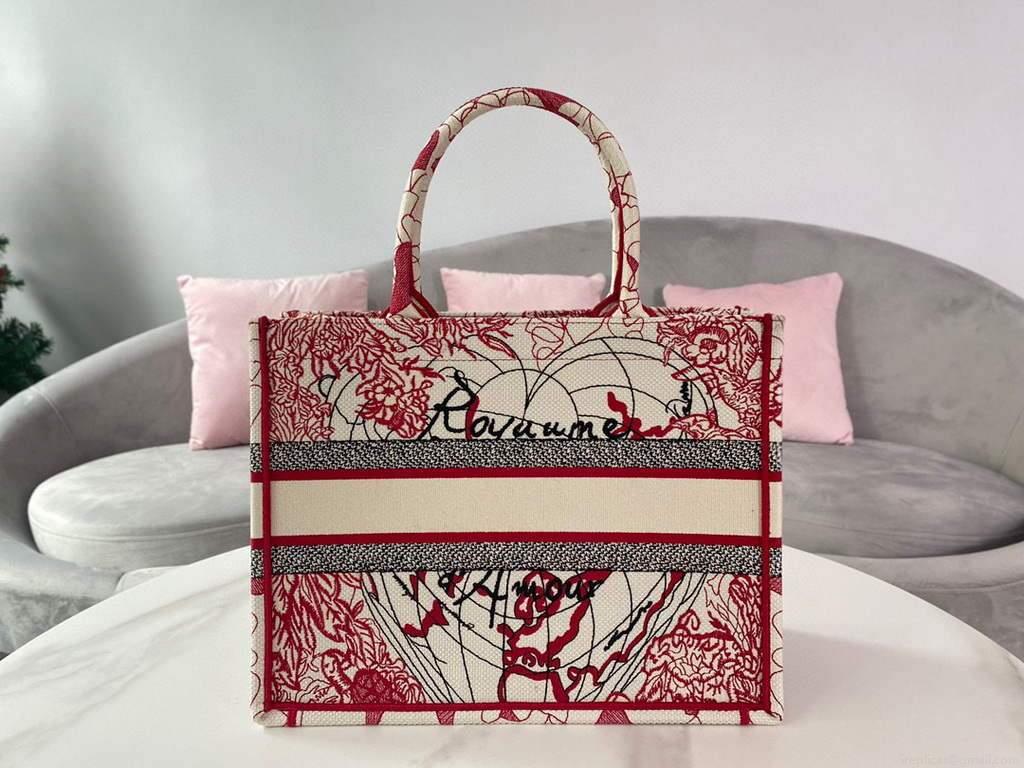 Dior M1296 Small DIOR BOOK TOTE Red and White D-Royaume d’Amour Embroidery Red and white