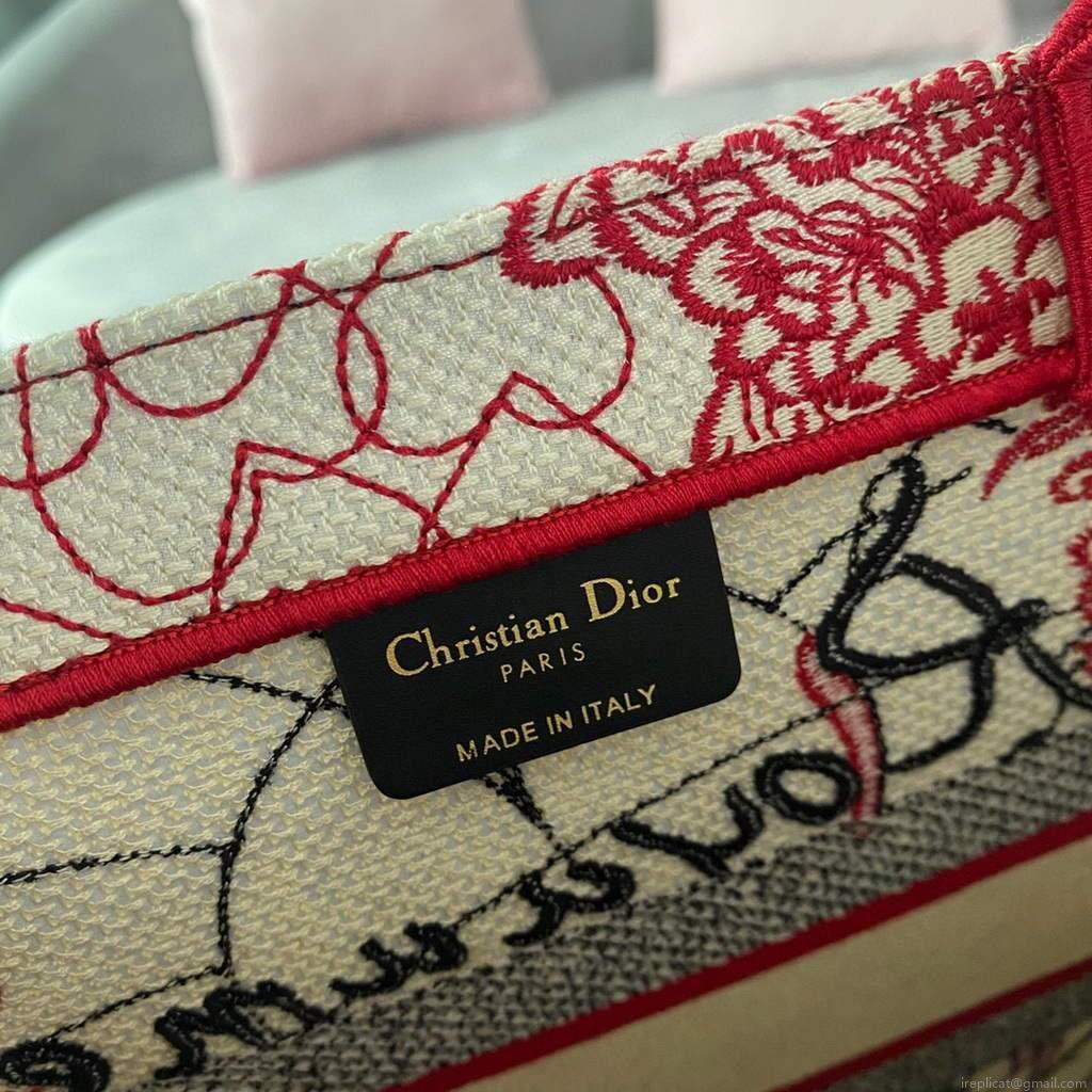 Dior M1296 Small DIOR BOOK TOTE Red and White D-Royaume d’Amour Embroidery Red and white