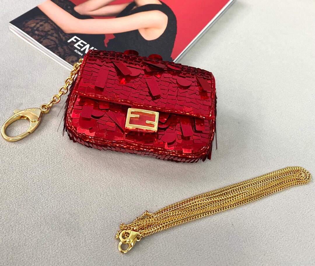 Fendi 8BS049 Nano Baguette 1997 Red Satin Bag with Sequins 0136