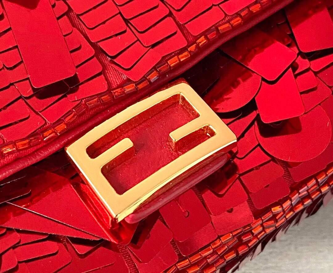 Fendi 8BS049 Nano Baguette 1997 Red Satin Bag with Sequins 0136